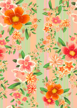 Floral seamless pattern with striped colorful background