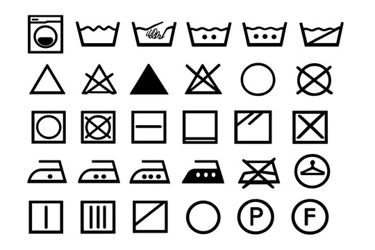 Care symbols for clothing maintenance including washing ironing and