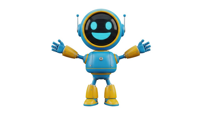 A friendly cartoon robot with arms outstretched on transparent background