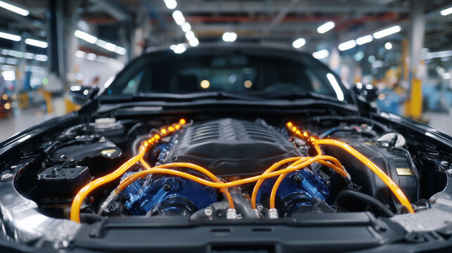 Dynamic low-angle shot of a modern car engine under an open hood, orange high-voltage cables highlighted against dark motor housing, polished surfaces reflecting garage lights, cop