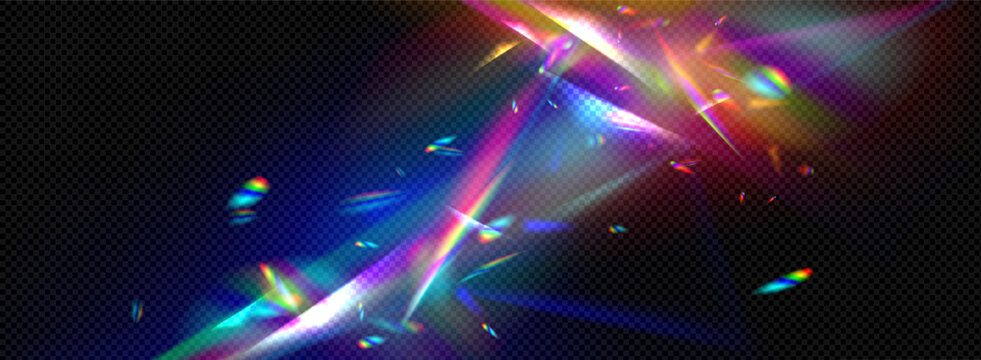 Realistic rainbow prismatic light effect on dark transparent background. Colored lens flare and light refraction effect.