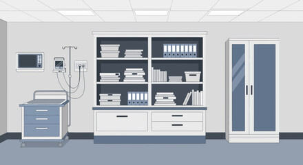 Clean And Minimalist Medical Office Illustration In Monochrome With Furnishings