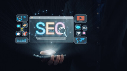 SEO concept for improving SEO visibility, with SEO related digital tools and SEO performance icons...