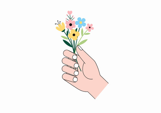 Hand holding bouquet of colorful flowers.