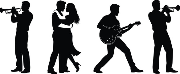 Jazz musicians and dancing couple silhouettes set, trumpet player and guitarist figures, romantic ballroom dance icons, isolated black vector collection. © Shahadot Creatives