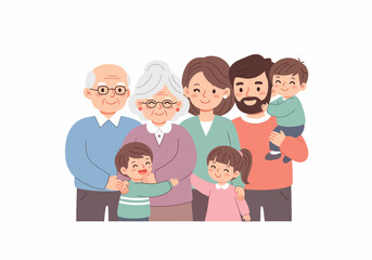Obraz premium Happy Cartoon Family with Children and Grandparents.