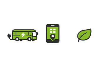 Illustration of electric bus smartphone app and leaf symbol related to