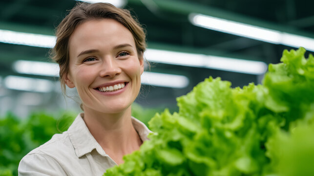 Medium-close shot of a smiling woman harvesting lettuce, hydroponic vegetables in neat rows, bright greenhouse lighting highlighting fresh produce, cinematic modern sustainable agr