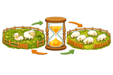 Sheep in two pastures with hourglass showing time change for farming © Alan