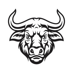 Intimidating black and white bull portrait displays fierce eyes and powerful horns clearly
