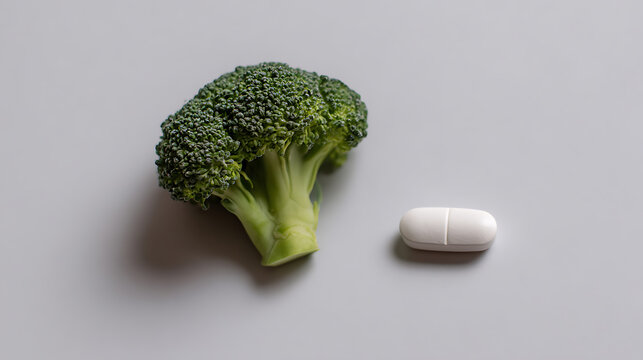 Fresh Green Broccoli Florette Next to a White Dietary Supplement Pill on a Clean Gray Background Illustrating Healthy Food Choices vs. Medicine