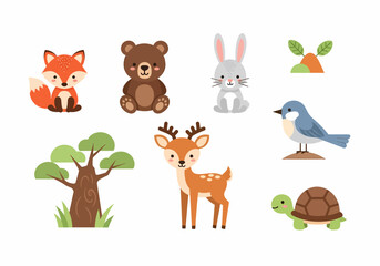 Fototapeta premium Collection of Cartoon Forest Animals and Plants.