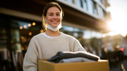 Fototapeta premium Side-angle shot of a female volunteer carrying a box of clothes, mask on, walking past storefronts with sunlight reflecting on glass, urban charity scene emphasizing social support