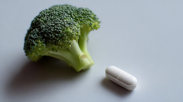 Fresh Green Broccoli Florette Next to a White Dietary Supplement Pill on a Clean Gray Background for Health and Wellness Imagery