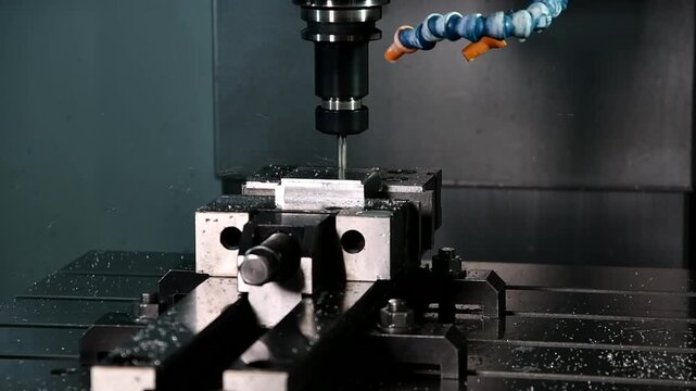 The process is metal milling. Mechanical processing by cutting planes, grooves, and heads. Milling of the workpiece on the machine.