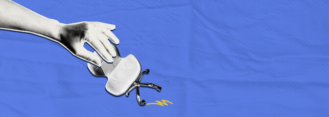 Naklejka premium Workplace exclusion concept. Collage halftone hand dragging office chair away, job removal and corporate pressure. Vector illustration