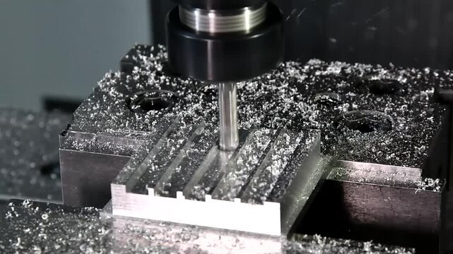 The process is metal milling. Mechanical processing by cutting planes, grooves, and heads. Milling of the workpiece on the machine.