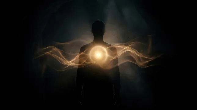 Glowing Silhouette Emanates Radiant Light Waves in Dark Void