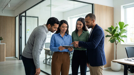 Four diverse business colleagues gathered in a modern office looking intently at a tablet screen held by a woman in the center, collaborative teamwork