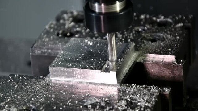 The process is metal milling. Mechanical processing by cutting planes, grooves, and heads. Milling of the workpiece on the machine.