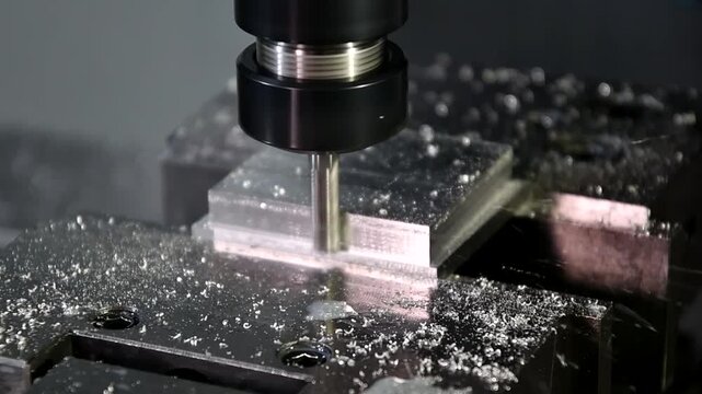 The process is metal milling. Mechanical processing by cutting planes, grooves, and heads. Milling of the workpiece on the machine.