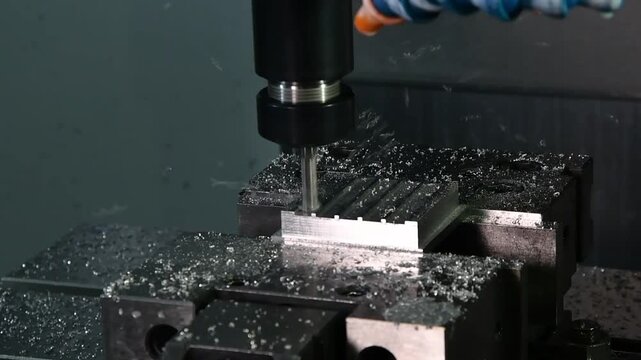 The process is metal milling. Mechanical processing by cutting planes, grooves, and heads. Milling of the workpiece on the machine.