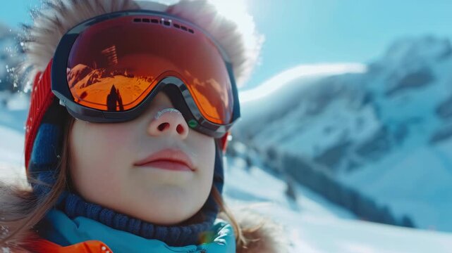 Child gazes upward, ski goggles reflecting snowy peaks. Sun glints off snow-capped mountains behind. Soft fur-lined hood frames winter-ready face. Bright lens glows with crisp, sunlit alpine air