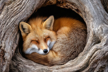 Fototapeta premium Fox resting peacefully in a hollowed tree trunk during a sunny day in the forest