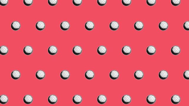 Animated seamless pattern of dotted golf balls on a coral red background, arranged in a clean repeating grid, minimal pop-art style illustration.