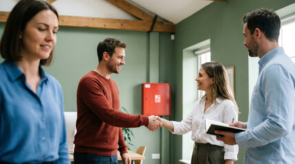 Obraz premium Diverse group of colleagues meeting in a modern office setting, two people shaking hands as a welcome or agreement gesture