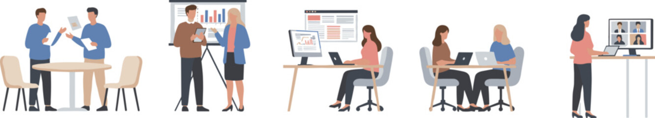 Fototapeta premium Flat vector set of modern office scenarios including team meetings data presentations and remote video conferencing