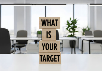 Wooden blocks with what is your target text on office desk