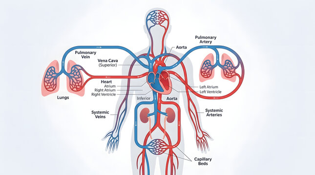 Human Circulatory System Diagram with Heart, Lungs, and Vessels
