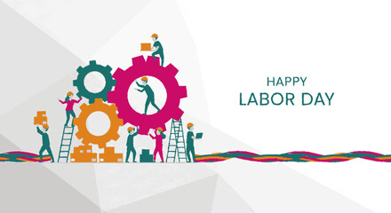 Happy labor day celebration with workers and colorful gears