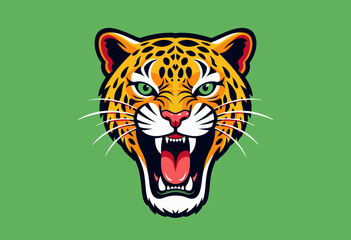 Obraz premium Vivid Illustration of a Roaring Leopard's Head with Distinct Spots and Piercing Green Eyes on a Solid Green Background