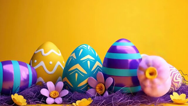 Brightly colored Easter eggs rest on purple grass. Soft yellow backdrop enhances festive mood. Pastel flowers add delicate charm to scene. Eggs feature bold, playful patterns and stripes