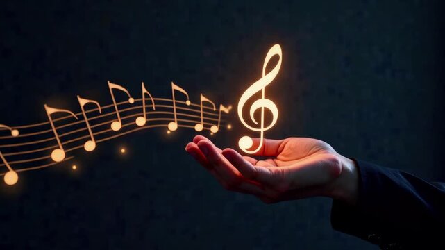 Musician holding a glowing treble clef in palms with sparkles on dark background Concept of magic, music and artistic inspiration