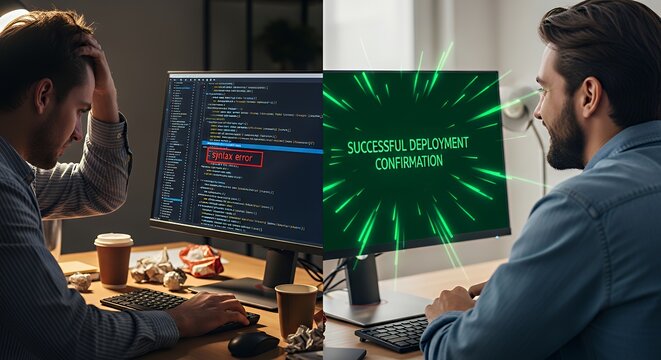 Split coding scene: left programmer frustrated at syntax error screen; right successful deployment confirmation glowing green