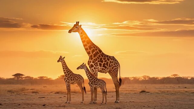 A serene savannah scene at sunset featuring a tall giraffe and two younger giraffes