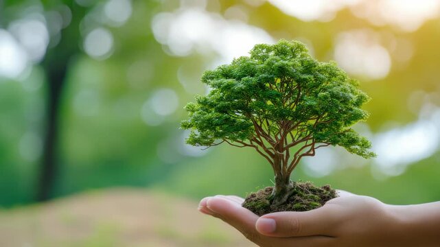 Hand cradles tiny tree with rich soil. Green foliage glows softly against blurred background. Natural light filters through trees behind. Scene conveys care, growth, and harmony