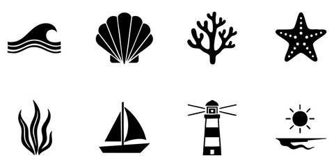 Sea, Beach and Ocean Related Solid Icons Set. Black silhouette symbols of waves, shells, and coastal elements. © Maksym cvc