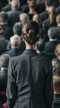 Woman stands tall, back to camera. Crowd fills the frame behind her. Dark suit, neat bun, poised. She faces the room, unblinking. Attitude speaks louder than words. Silent presence commands focus