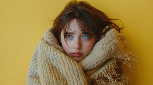 Warm scarf wraps soft around young woman's shoulders. Her wide eyes meet the camera with quiet intensity. Golden background complements her natural, serene expression
