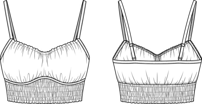 Flat vector illustration of women&rsquo;s bralette top front and back view, fashion technical sketch with straps, smocked band, garment design