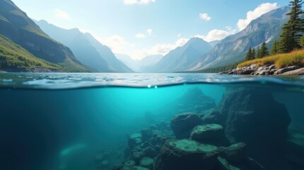 Obraz premium A split-view image showcasing both above and below the waterline in a mountainous landscape 