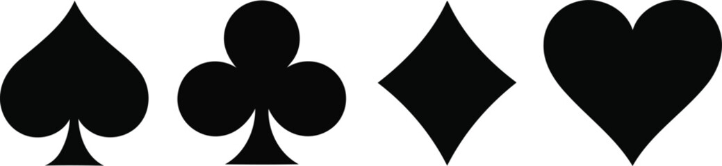 Fototapeta premium Classic black playing card suits displayed in a row with distinct shapes and symbols. Vector