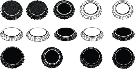 Set of Realistic Metal Bottle Cap Silhouettes and Line Art Illustrations Featuring Various Angles, Crown Cork Designs, and Top Down Views