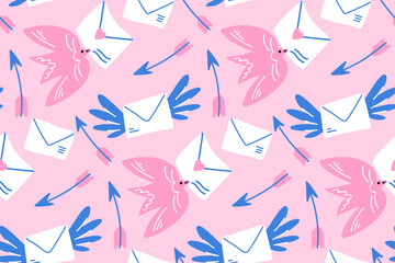 Obraz premium Romantic Pink Seamless Pattern with Birds, Love Letters and Arrows, Cute Valentine Background for Kids Textile and Wrapping Paper