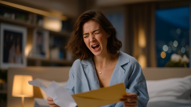 Woman furiously tearing up romantic letters and breaking picture frames in a rage filled bedroom, ideal for wrath sin concept, anger and heartbreak, emotional destruction, modern psychology,