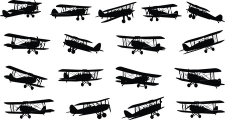 Set of Vintage Biplane Silhouettes, Antique Propeller Airplane Icons, Retro Aircraft Graphics for Aviation History, World War Flight and Aerobatics Design © Shahadot Creatives
